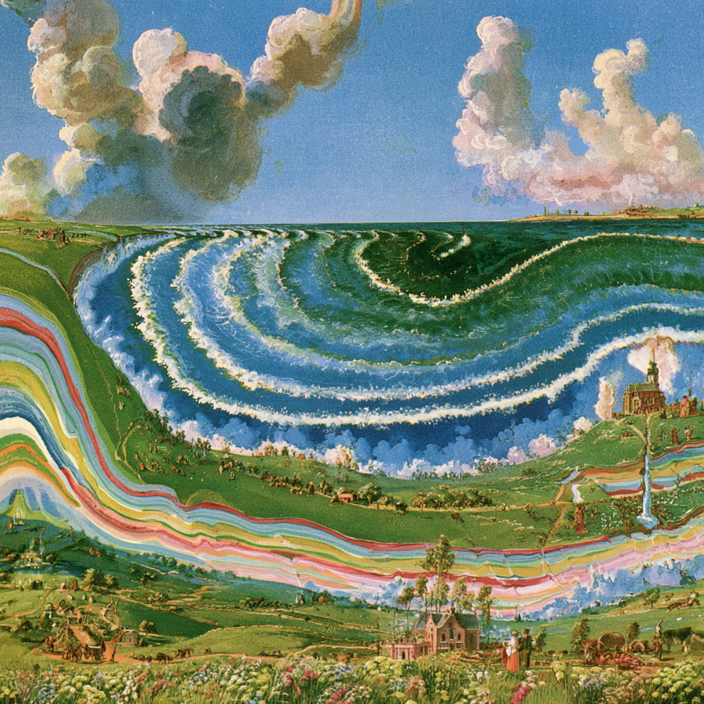 An imagined world: sculptural clouds above blue ocean waves, bands of colorful earth, and a green valley below.